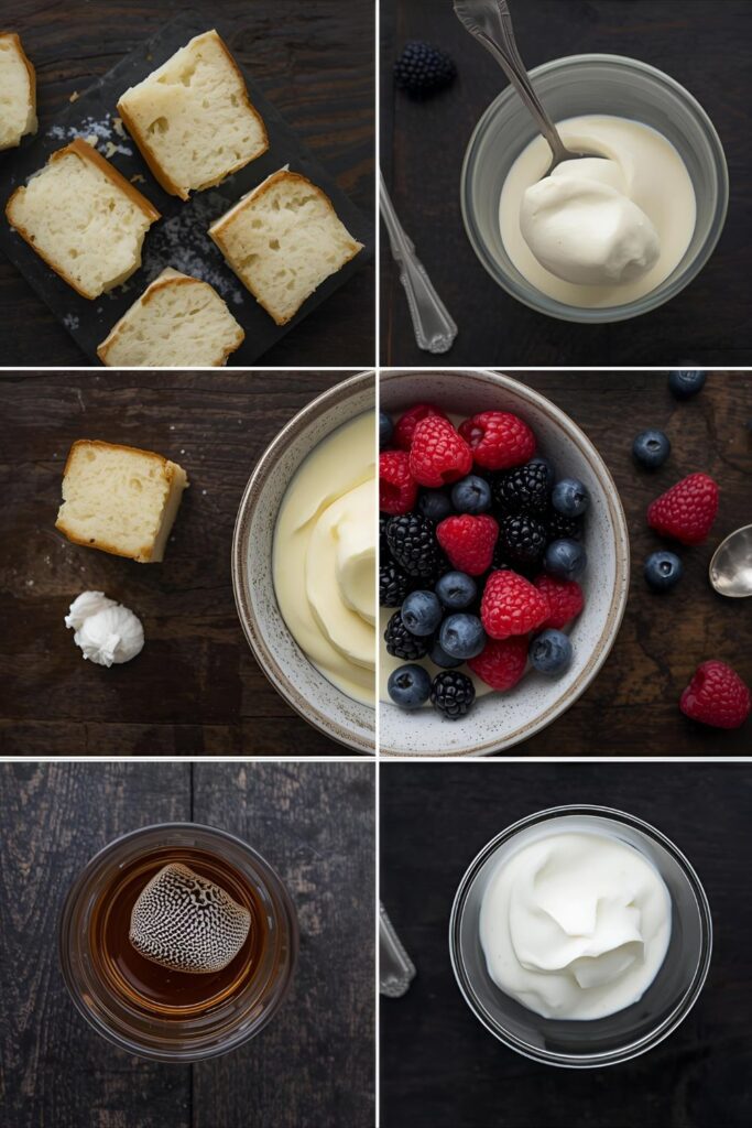 Flat lay collage of trifle components: sponge cake, custard, sherry, raspberries, and whipped cream.