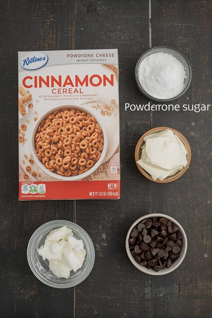 A flat-lay collage featuring the key ingredients: a box of cinnamon cereal, mascarpone cheese, powdered sugar, and a bowl of chocolate chips, all arranged on a dark, rustic wooden surface.