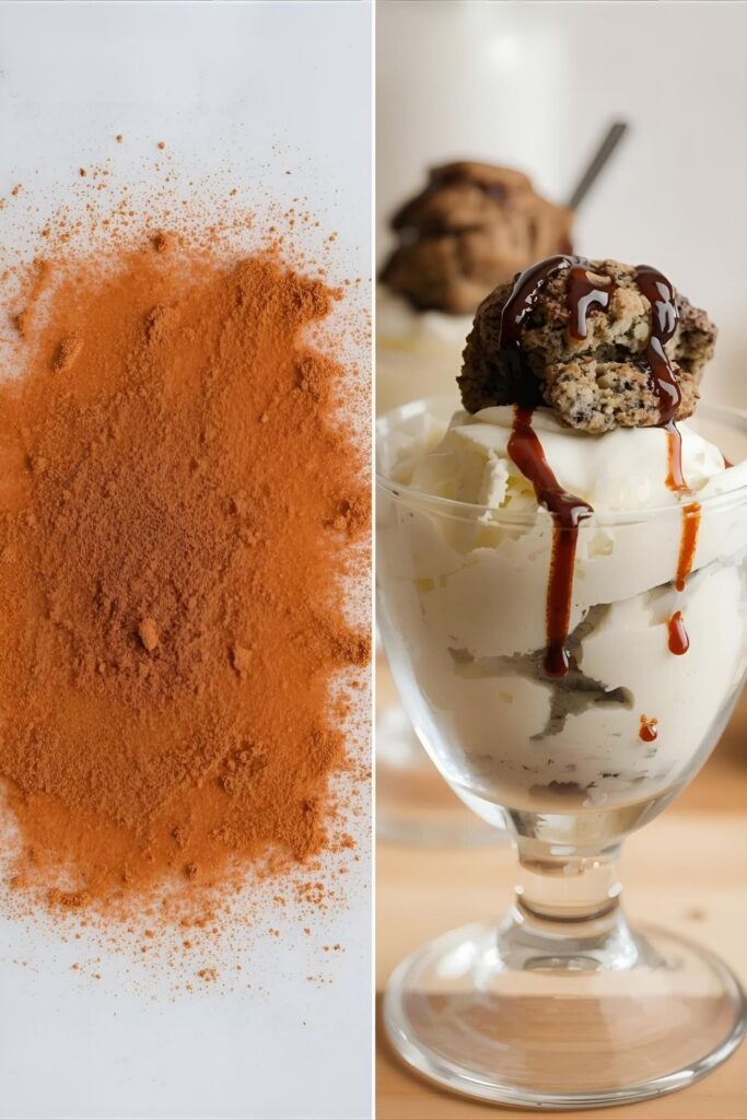 A side-by-side image: On the left, a finished Deconstructed churro parfait with a dusting of cinnamon sugar. On the right, a close-up of the parfait topped with a crumbled piece of blue cookie monster cake and a drizzle of spicy chocolate sauce.