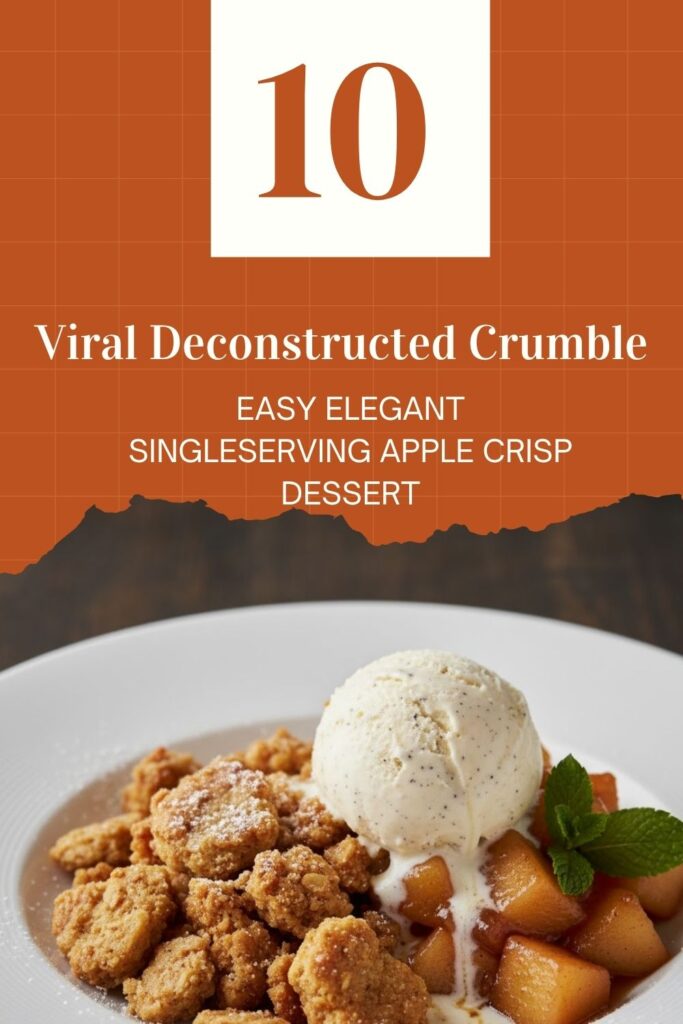 A stunning, close-up photograph of a plated deconstructed crumble, showing warm baked apples, chunks of golden, crunchy oat crumble, and a melting scoop of vanilla ice cream, with "Deconstructed Crumble" in stylized script text overlay.