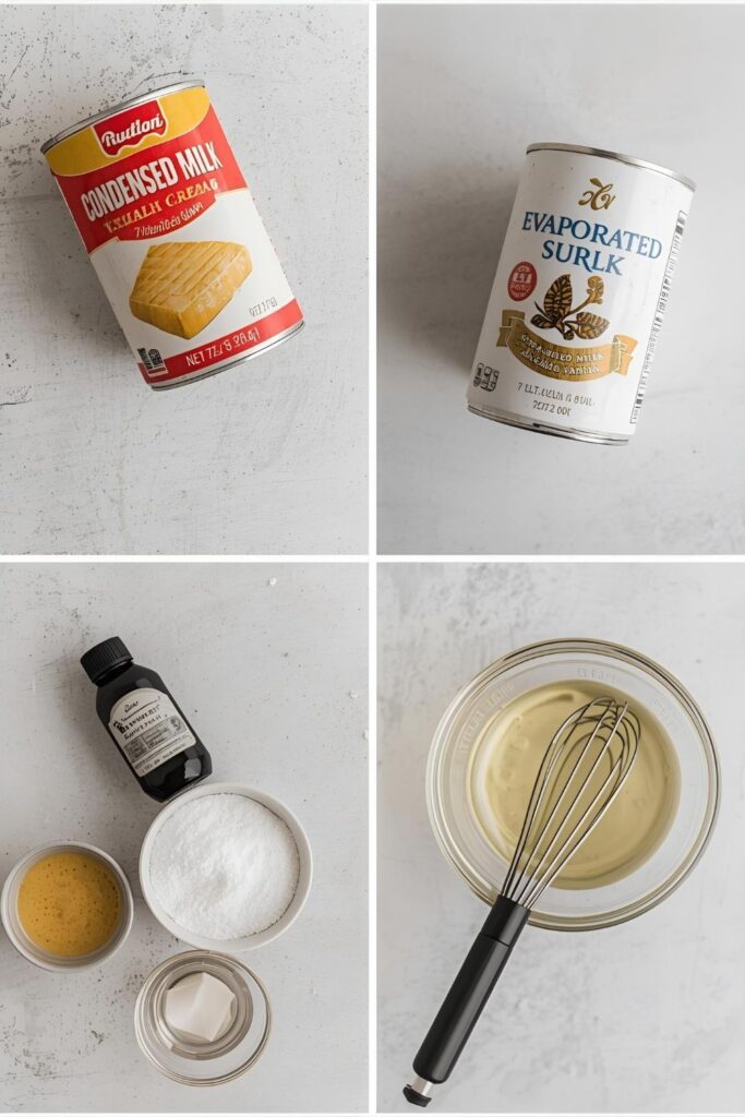 A flat-lay collage featuring a can of condensed milk, a can of evaporated milk, granulated sugar, vanilla extract, and a whisk in a bowl, all on a light rustic table.
