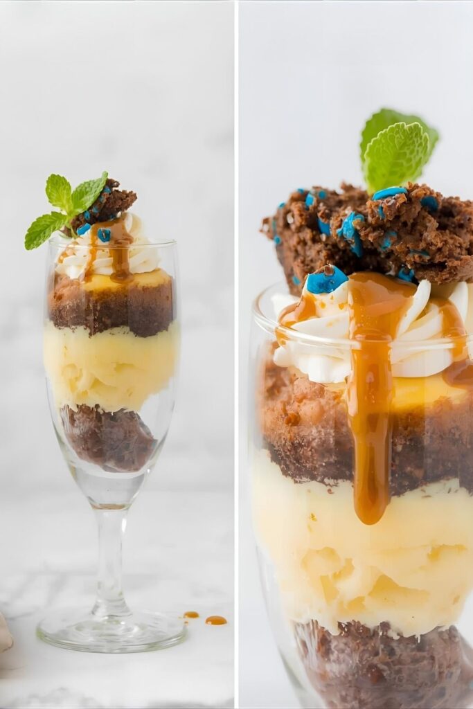 A side-by-side image: On the left, a finished Deconstructed flan parfait with caramel sauce and a mint garnish. On the right, a close-up of the parfait topped with a crumbled piece of blue cookie monster cake and a drizzle of caramel.