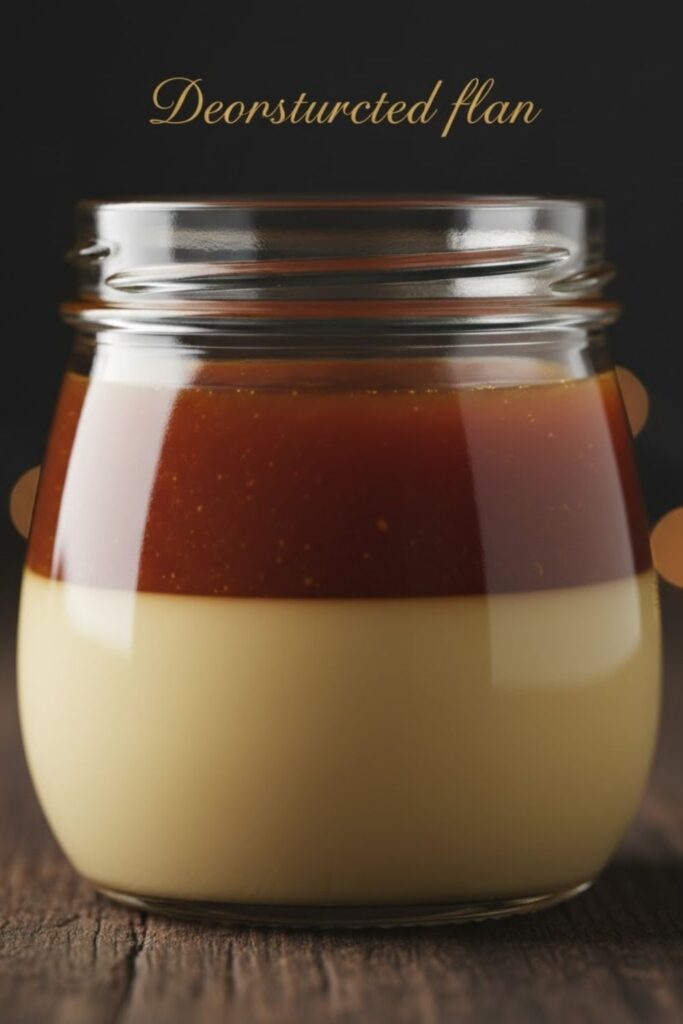 A close-up of a clear glass jar showing distinct layers of smooth, pale yellow custard and glossy, amber caramel sauce drizzled on top, with a reflection of light. The text overlay reads: DECONSTRUCTED FLAN.