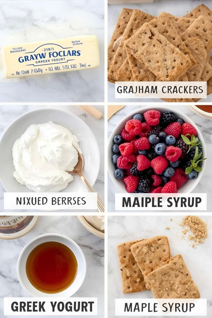 A flat-lay collage featuring the key ingredients: a block of butter, graham crackers, Greek yogurt, fresh mixed berries, and a bottle of maple syrup, all arranged on a white marble countertop.