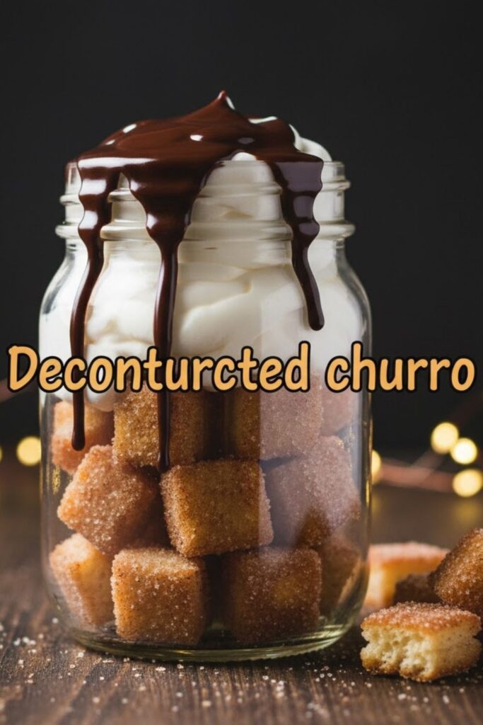 A close-up, beautifully styled clear glass jar showing distinct layers of golden cinnamon crunch, white cream, and glossy chocolate sauce. The text overlay reads: DECONSTRUCTED CHURRO