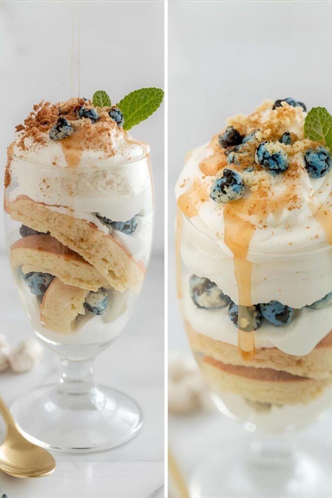 A side-by-side image: On the left, a finished Deconstructed pancake parfait topped with a sprinkle of cinnamon and mint. On the right, a close-up of the parfait topped with a crumbled piece of blue cookie monster cake and a drizzle of syrup.