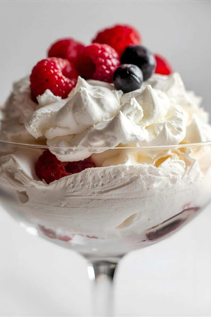 A close-up, high-detail shot of a single serving of Deconstructed Pavlova, showing the layers and the texture of the crisp meringue.