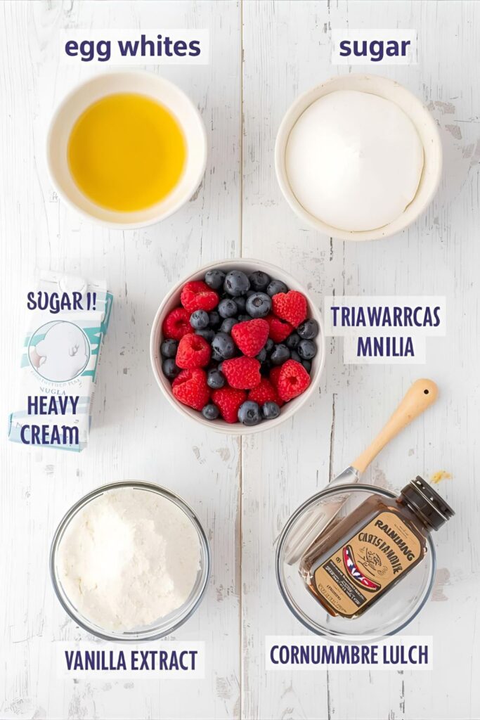 A flat lay collage of all the raw ingredients for Pavlova: egg whites, sugar, cornstarch, vinegar, heavy cream, and mixed berries.