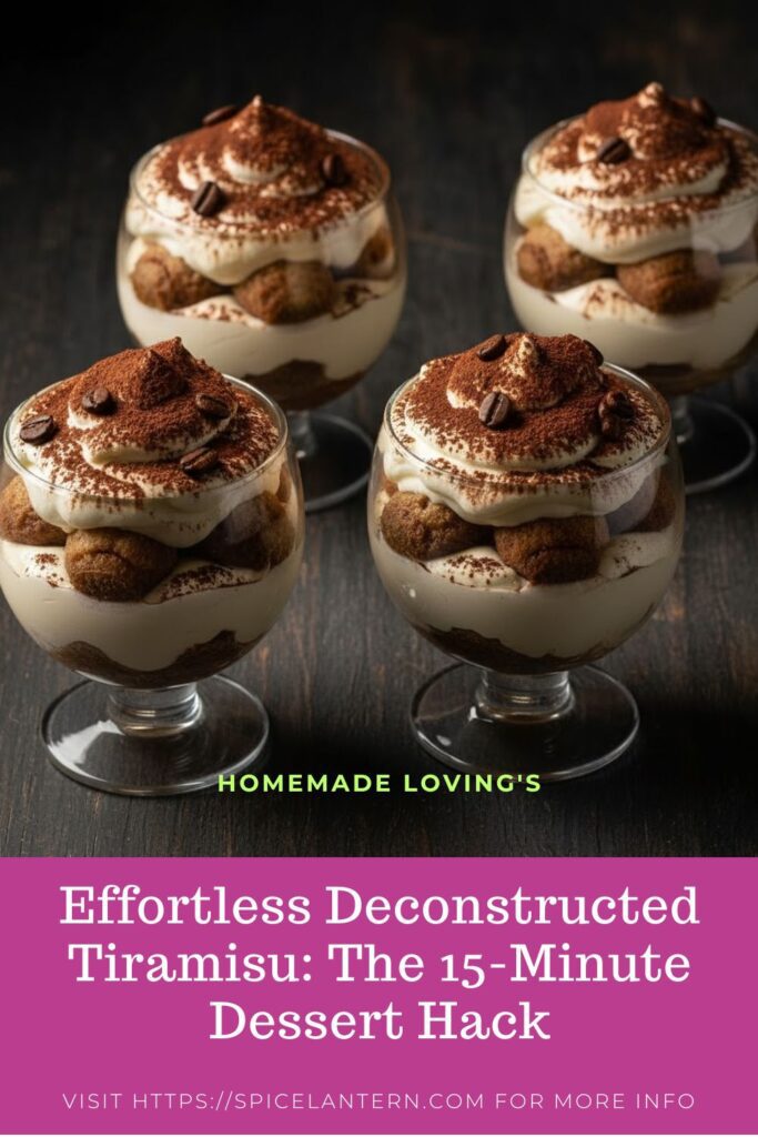 An elegant overhead photo of Deconstructed Tiramisu served in glass cups, heavily dusted with cocoa, with a text overlay reading "Deconstructed tiramisu."
