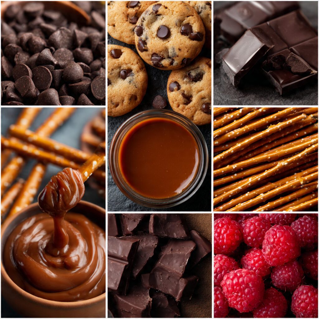 A collage showing the variety of ingredients: mini chocolate chip cookies, dark chocolate chunks, a bowl of caramel dip, raspberries, and pretzel sticks laid out before arrangement.