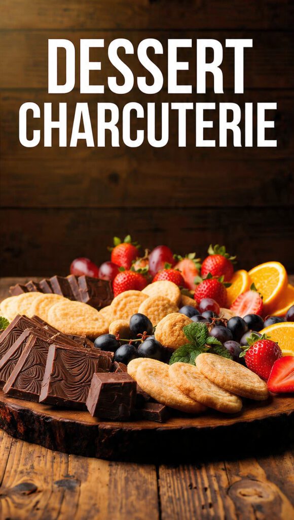 Overhead shot of a richly overflowing Dessert Charcuterie Board featuring cookies, truffles, fresh berries, chocolate chunks, and small ramekins of caramel and chocolate dip. The text overlay reads: "DESSERT CHARCUTERIE"