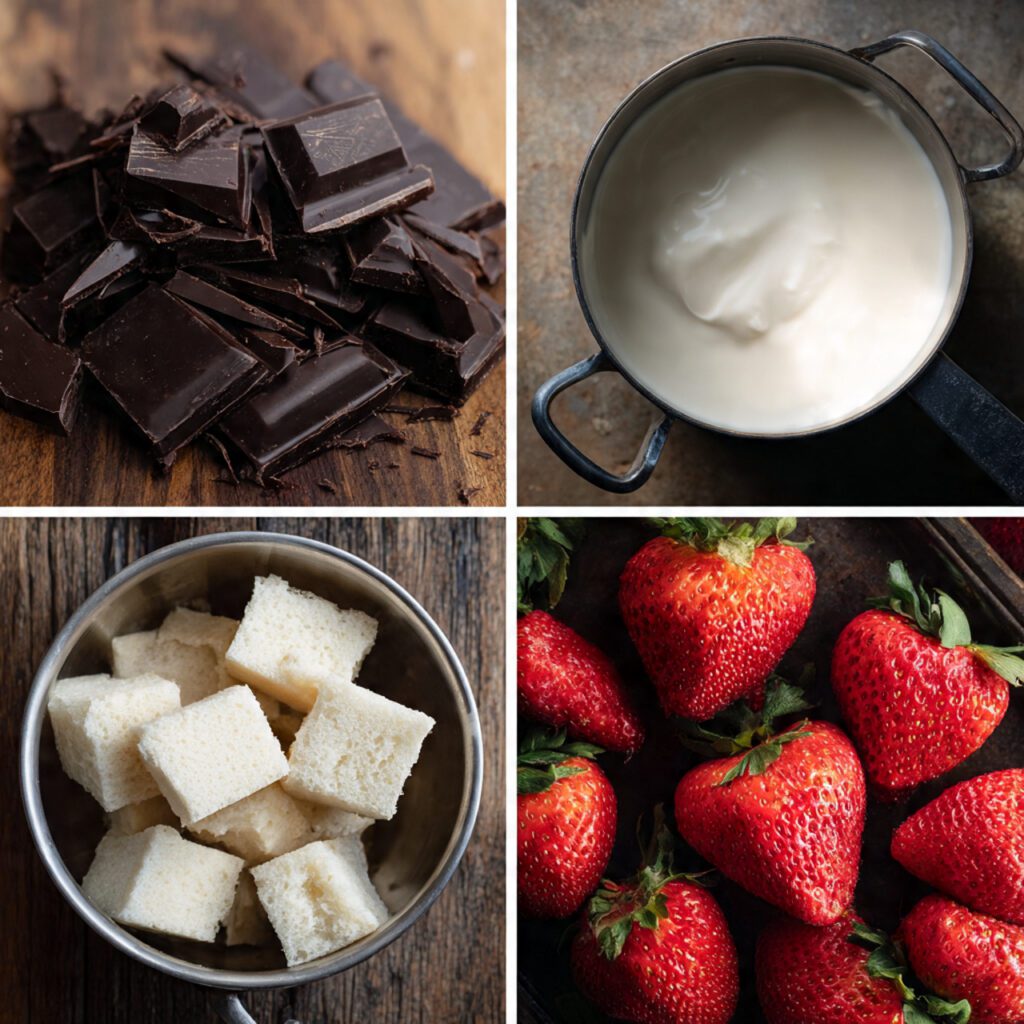 A collage showing the essential ingredients: chopped dark chocolate bars, heavy cream, strawberries, cubed pound cake, and a small pot ready for melting.