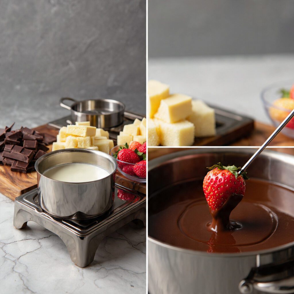 Two scenes from the dessert fondue. One is a wide shot of the entire spread with the fondue pot centerpiece, and the other is an extreme close-up of a fondue fork dipping a fresh strawberry into the smooth, dark chocolate.