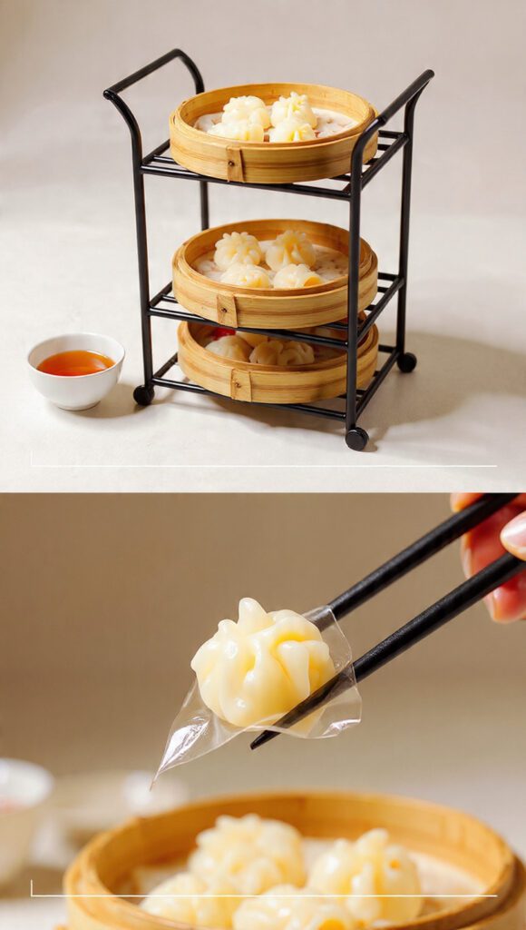 Two variations of the dim sum. One is a wide shot of a tiered serving cart holding bamboo steamers and tea sets, and the other is an extreme close-up of a single serving dish of Har Gow being lifted with chopsticks, showing the translucent wrapper.