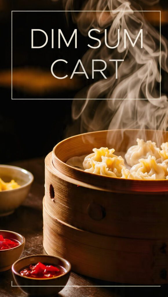A close-up shot of several stacked bamboo steamer baskets resting on a pot, filled with colorful Har Gow and Siu Mai dumplings, with steam rising. The text overlay reads: "DIM SUM CART"