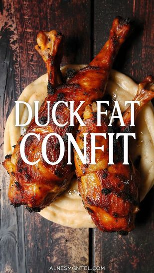 A viral, indulgent photograph of two crispy duck confit legs with the bold text overlay: DUCK FAT CONFIT.