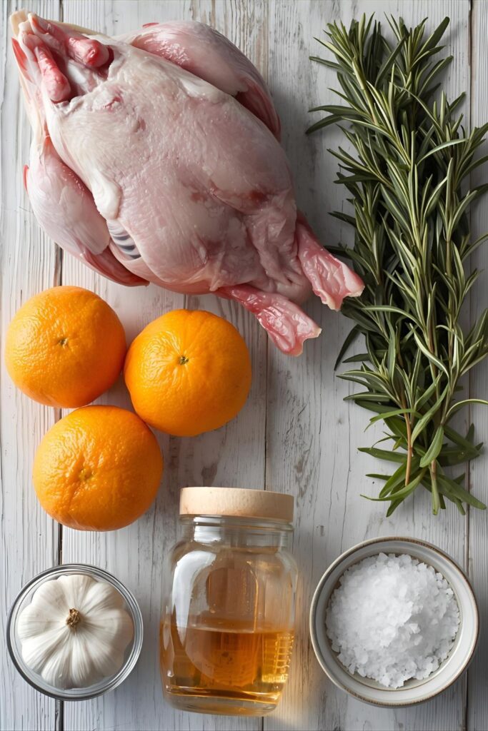 Overhead flat lay collage of all ingredients for Orange Rosemary Duck: a raw whole duck, fresh oranges, rosemary sprigs, garlic head, honey, and salt.