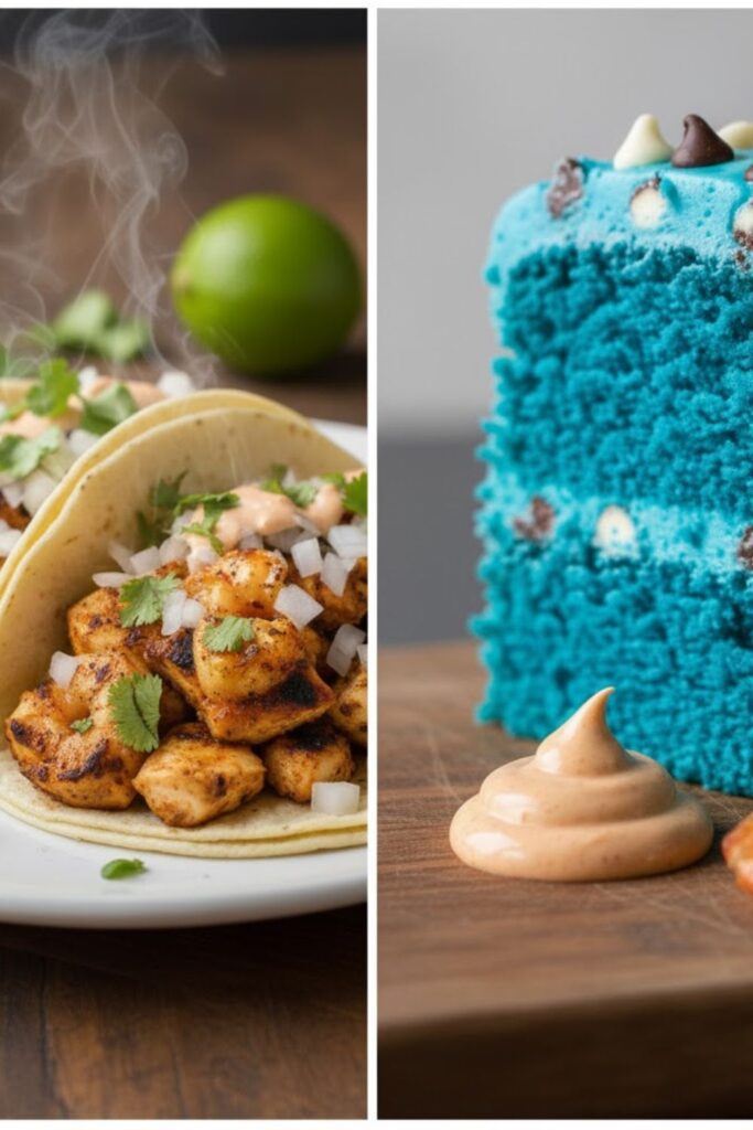 A side-by-side image: On the left, a plate of Tequila lime shrimp served in warm corn tortillas with cabbage slaw. On the right, a close-up of a shrimp piece placed next to a slice of vibrant blue cookie monster cake.