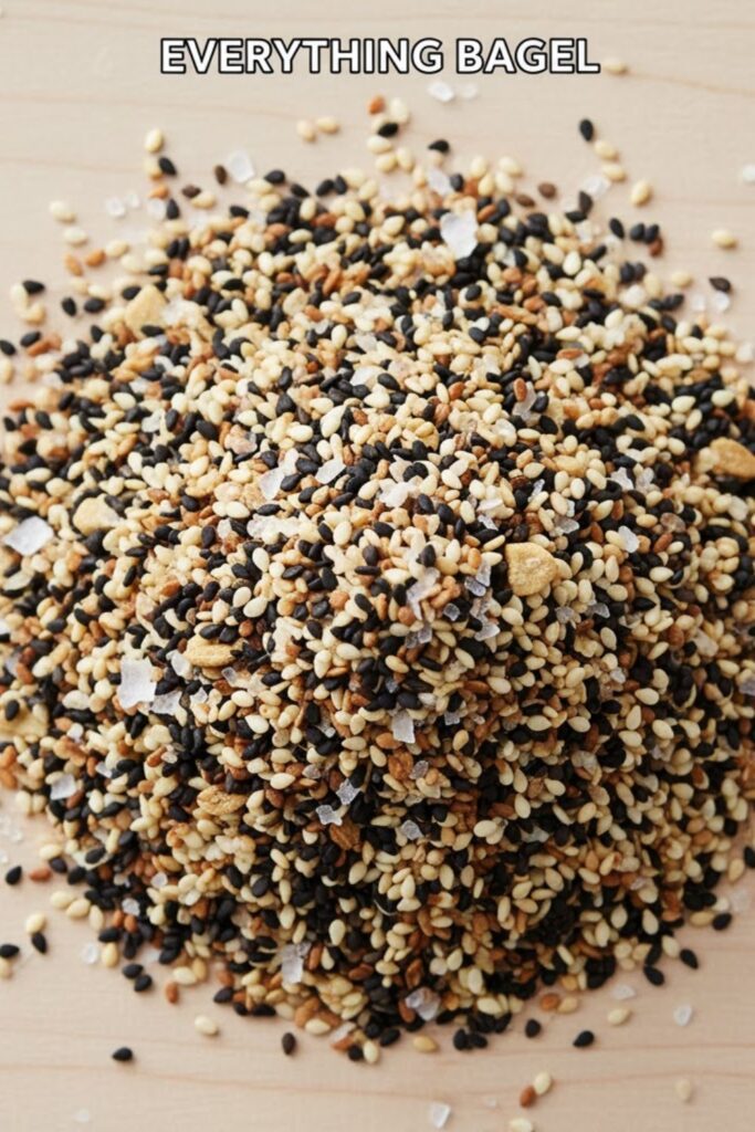 A viral, indulgent, and highly clickable image of a pile of Everything Bagel seasoning mix on a white surface, with the text overlay "EVERYTHING BAGEL" in a bold, dark, textured font.