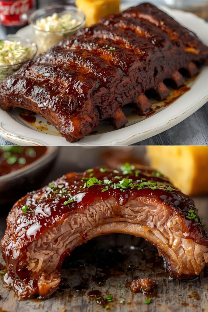 Close-up shot of two sliced Coca-Cola ribs on a plate, showing the sticky glaze and tender meat pulling away from the bone.)