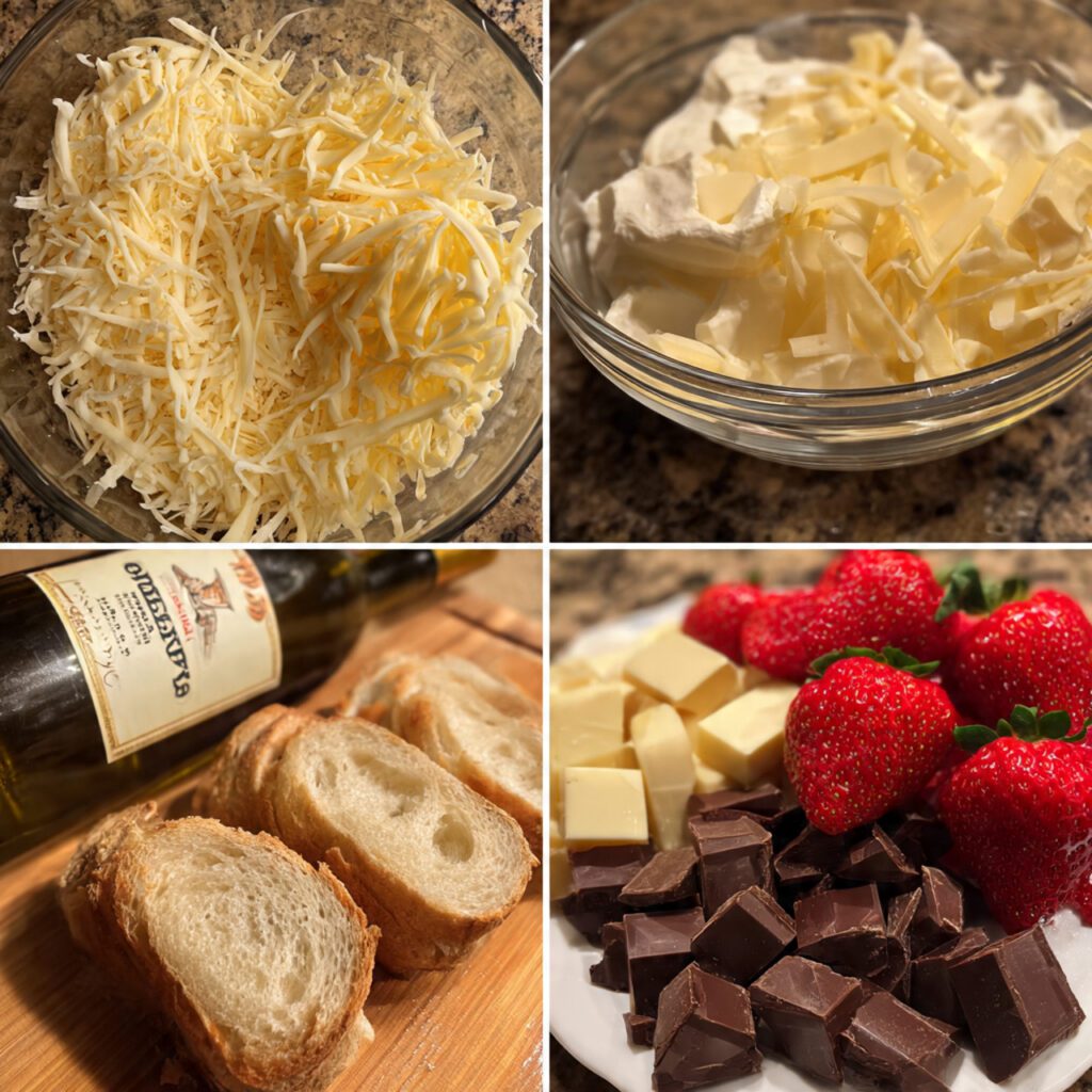 A collage showing the essential ingredients: shredded Gruyère and Emmental cheese, a bottle of dry white wine, chopped dark chocolate, heavy cream, cubed bread, and strawberries.