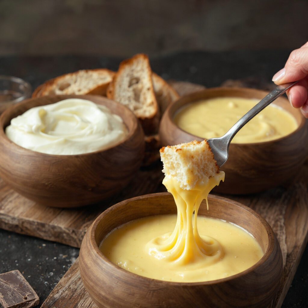 Two scenes from the fondue flight. One is a wide shot of the two fondue pots centerpiece, and the other is an extreme close-up of a fondue fork dipping a crusty bread cube into the smooth, melted cheese fondue.