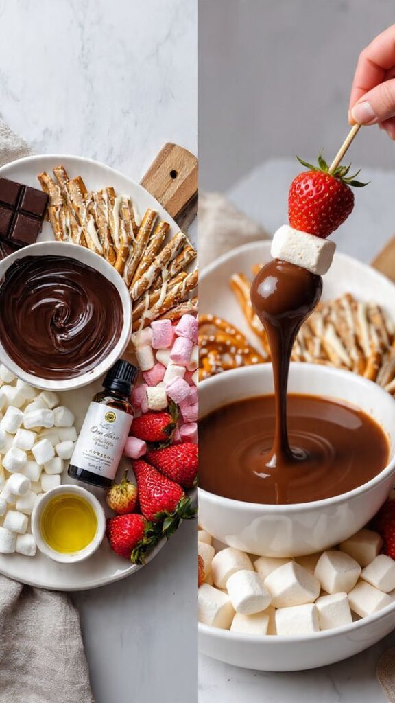 Two views of the Fondue Fountain: the full setup with dippers and a close-up of a marshmallow/strawberry being dipped into the flowing chocolate.