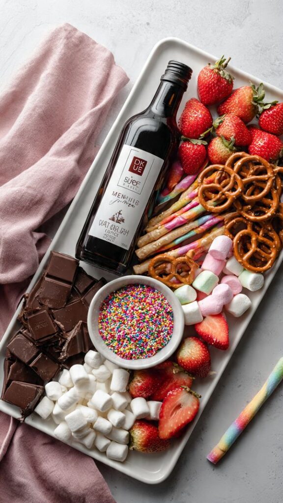 Flat lay collage of Fondue Fountain ingredients: chocolate wafers, neutral oil, and various dippers.