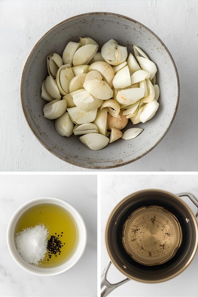 Ingredient collage for Fried Shallots showing thinly sliced raw shallots, neutral cooking oil, and salt.