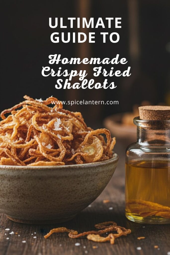 Close-up of a bowl of golden, crispy Fried Shallots next to a jar of shallot-infused oil, featuring the text overlay: "FRIED SHALLOTS."