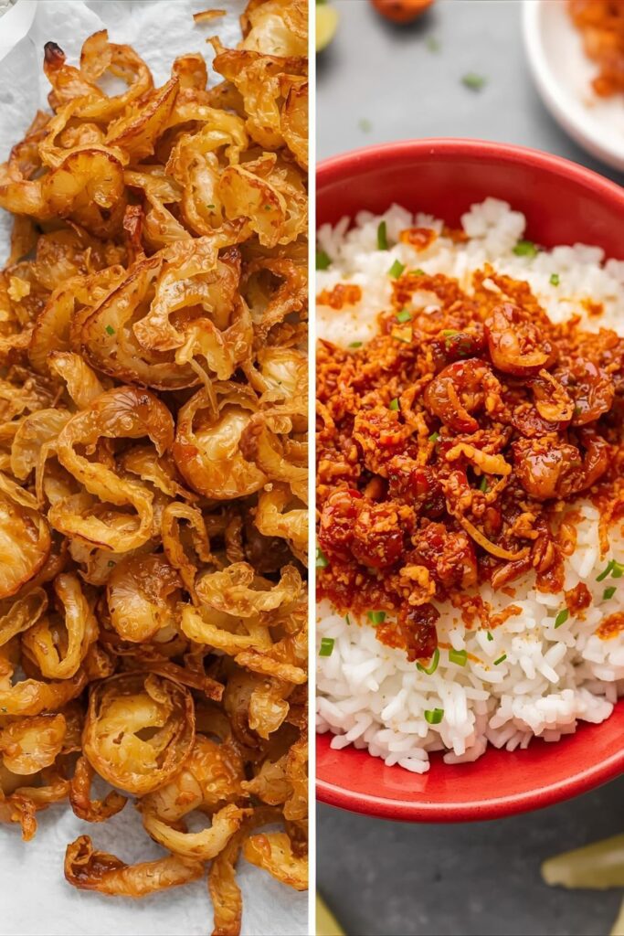 Macro view of two Fried Shallots variants: a close-up of the plain golden crunch, and a spicy chili garlic crisp version topping a rice bowl.