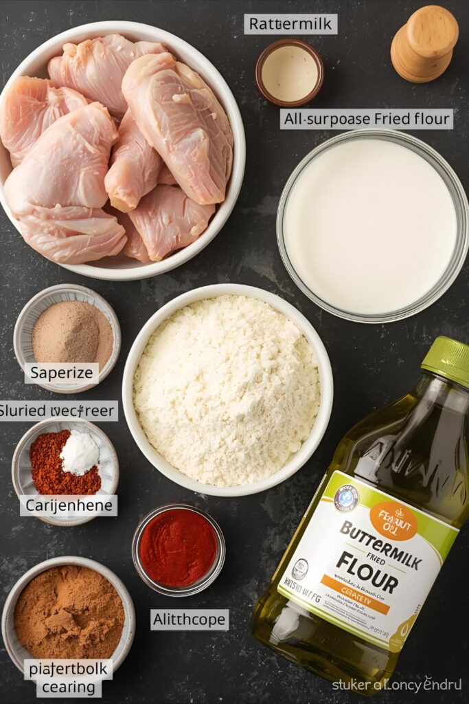A high-quality collage image displaying all the essential ingredients for buttermilk fried chicken: raw chicken pieces, a bowl of buttermilk, flour, a variety of spices (paprika, cayenne, salt), and a bottle of cooking oil, all arranged on a dark background.