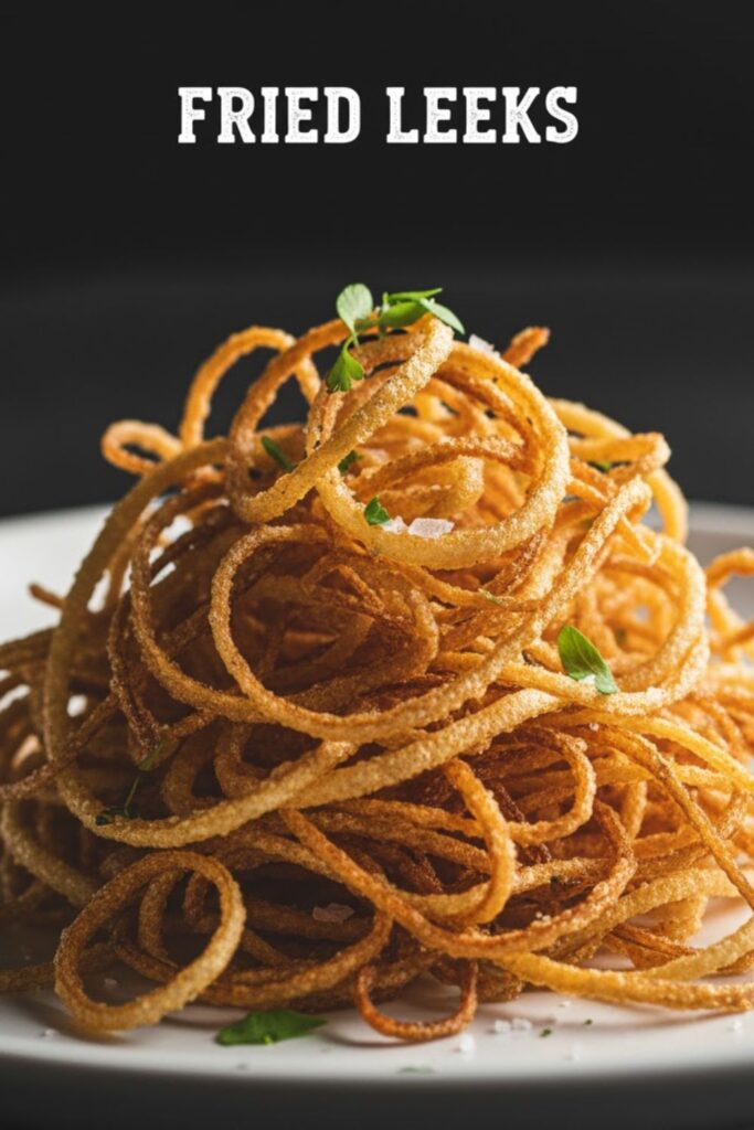 A scattering of golden-brown, crispy fried leeks on a plate, heavily dusted with salt. Text overlay reads: Fried leeks.