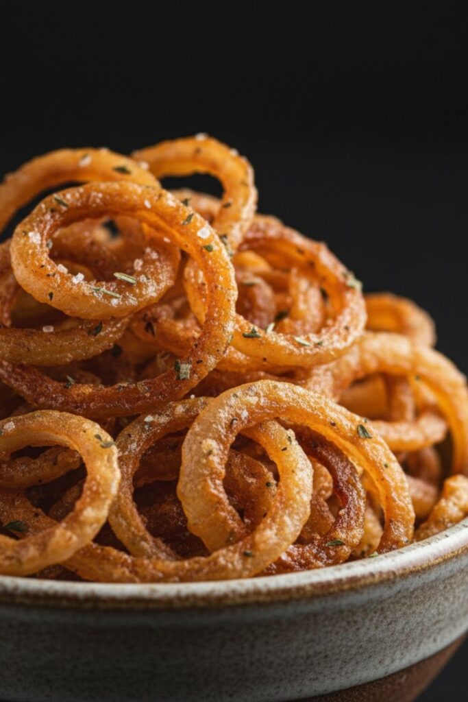 An extreme close-up, high-definition photograph showing the texture of perfectly golden, crunchy fried onions, emphasizing the crisp edges and deep caramel color.