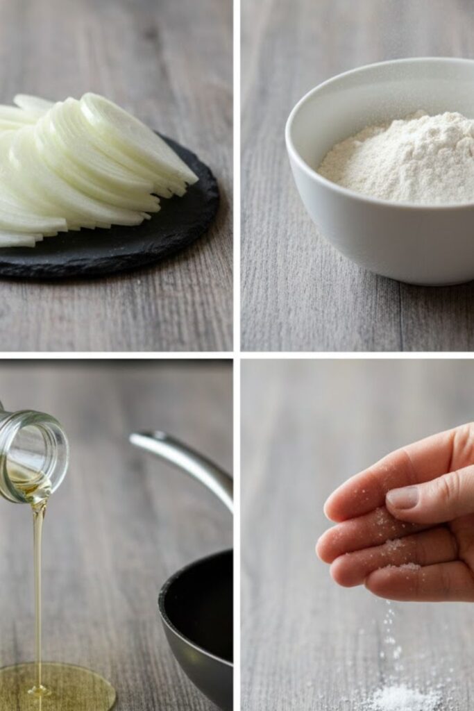 A rustic collage image showing the raw ingredients for the recipe: a large yellow onion, a small bowl of all-purpose flour, a sprinkle of salt, and a bottle of neutral frying oil