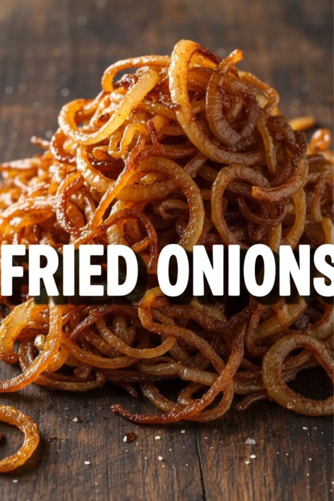 A close-up shot of golden brown, crispy fried onions sprinkled over a blurred, juicy burger, with the text overlay "FRIED ONIONS" in a bold, appetizing font.