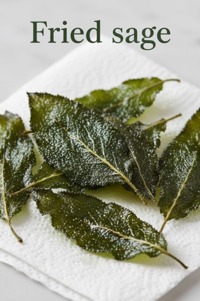 Close-up of delicate, shriveled, and crispy fried sage leaves resting on a paper towel. Text overlay reads: Fried sage.