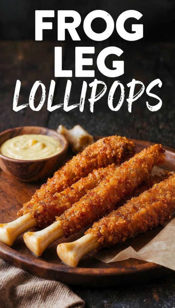 A close-up of several crispy, golden-brown Frog Leg Lollipops arranged on a platter, showing the exposed bone handle, with a small bowl of melted garlic butter dip in the center. The text overlay reads: "FROG LEG LOLLIPOPS"