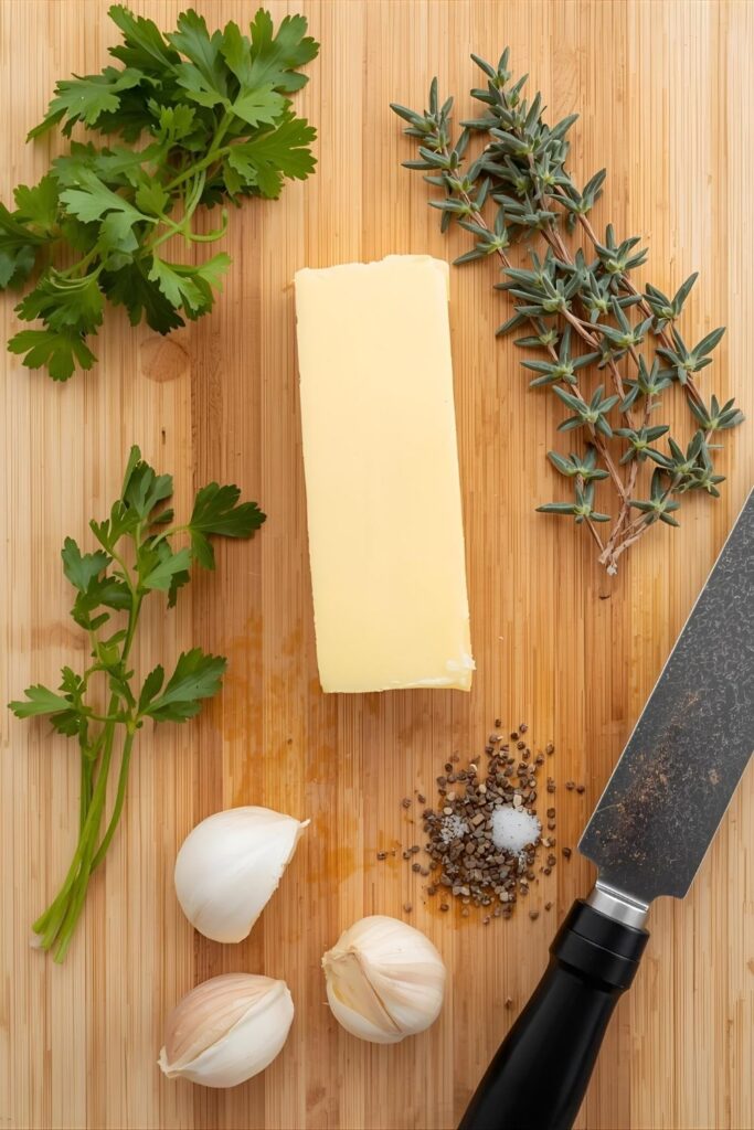 A flat-lay collage featuring a stick of softened butter, fresh parsley and thyme sprigs, garlic cloves, salt, and pepper, with a microplane, all on a light wood cutting board.