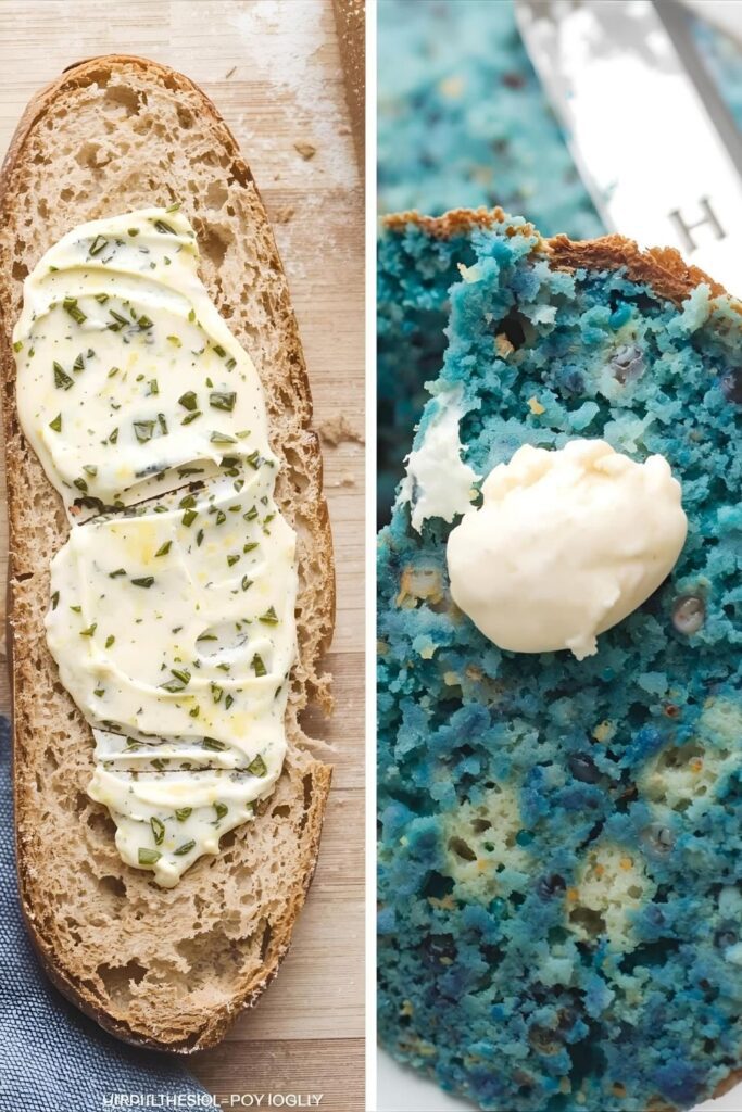 A side-by-side image: On the left, the Garlic herb butter spread on a piece of toasted baguette. On the right, a close-up of a dollop of the butter placed near a slice of vibrant blue cookie monster cake.