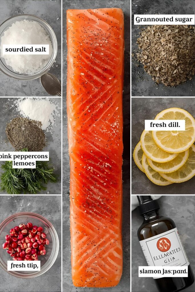 Ingredient collage for Gin-Cured Salmon showing salmon, salt/sugar cure mix, fresh dill, pink peppercorns, and a bottle of gin.