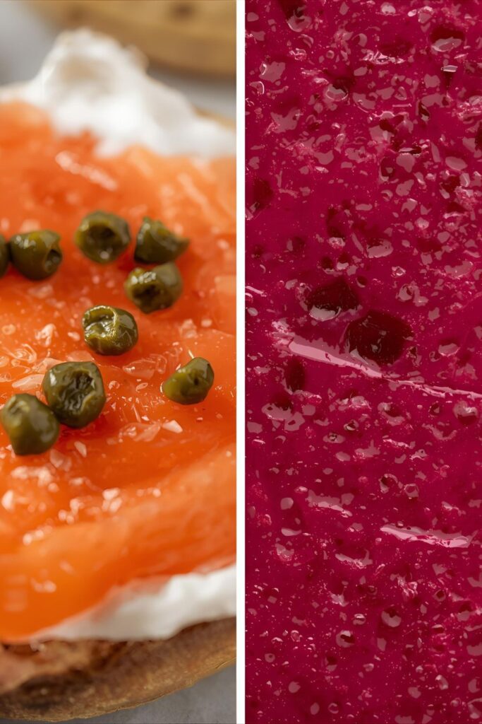 Macro view of two Gin-Cured Salmon variants: a slice on a bagel with cream cheese, and a colorful slice of the beetroot cure variation.