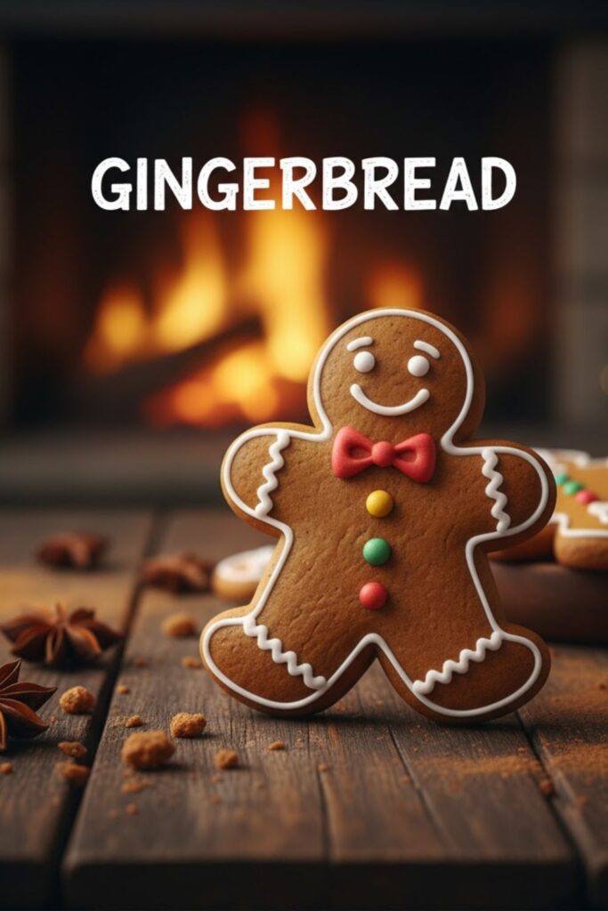 A viral, indulgent, and highly clickable image of a beautifully iced Gingerbread cookie (man or woman) on a rustic wooden board, with the text overlay "GINGERBREAD" in a festive, bold font