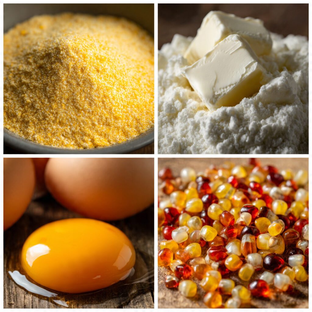 A collage showing the essential ingredients: yellow cornmeal, buttermilk, an egg, melted butter, and a small pile of colorful, dried Glass Gem corn kernels.