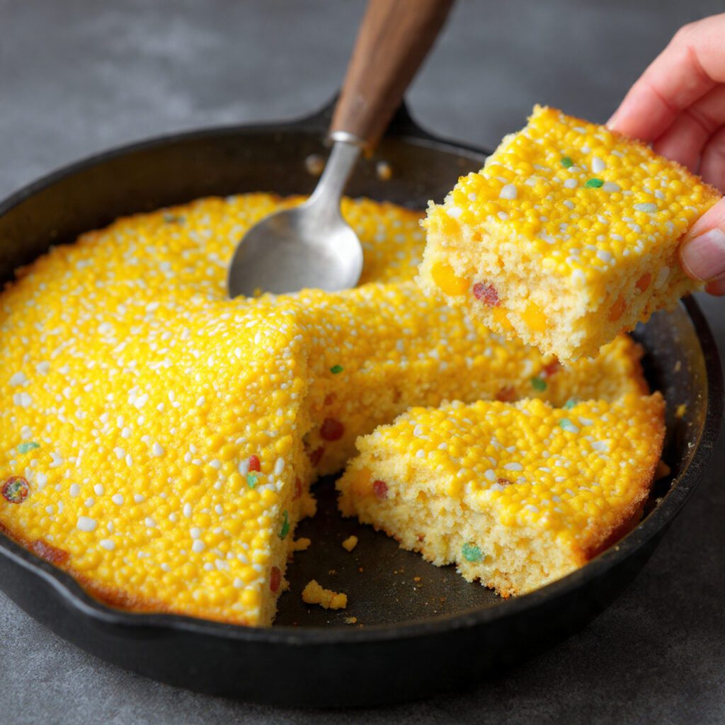Two servings of Glass Gem Cornbread. One is a wide shot of the cornbread sliced in a cast iron skillet, and the other is an extreme close-up of a single slice being lifted out, showing the buttery crust and the embedded colorful kernels.