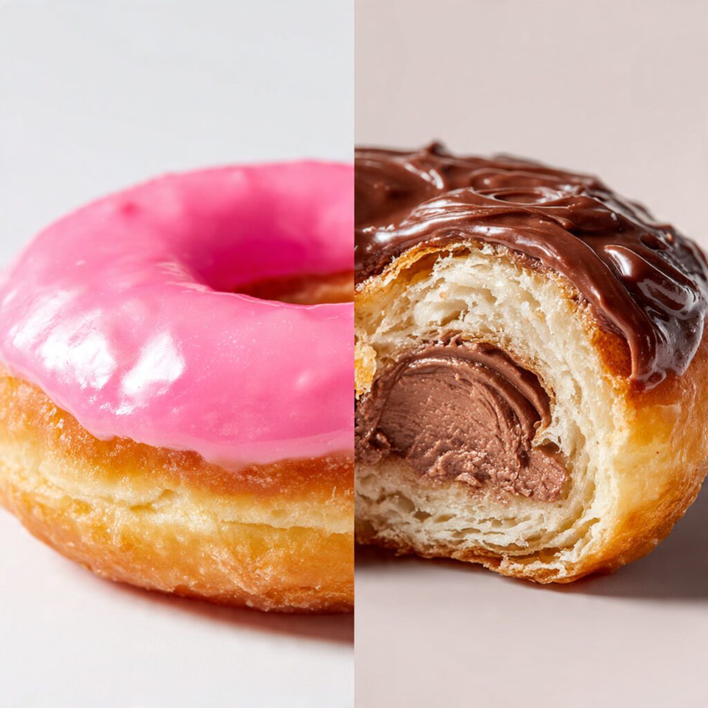 A diptych showing two types of Croissant-donuts: one is glazed with raspberry rosewater, and the other is split and filled with rich chocolate ganache. One donut shows the cross-section of flaky layers