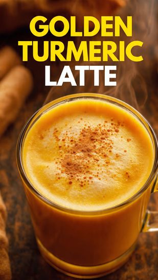 A close-up, vibrant overhead photo of a golden turmeric latte in a clear mug with rich foam, sprinkled with cinnamon, featuring the bold text overlay: GOLDEN TURMERIC LATTE.