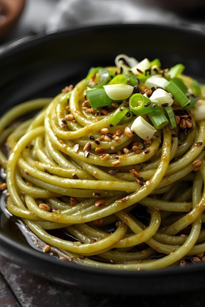 Close-up shot of the finished cold noodle dish garnished with sesame seeds and scallions.