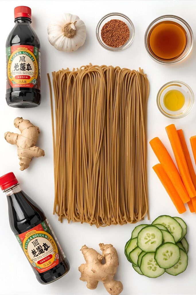 Flat lay collage of all ingredients: dry green tea noodles, soy sauce, ginger, sesame oil, and colorful raw vegetables.