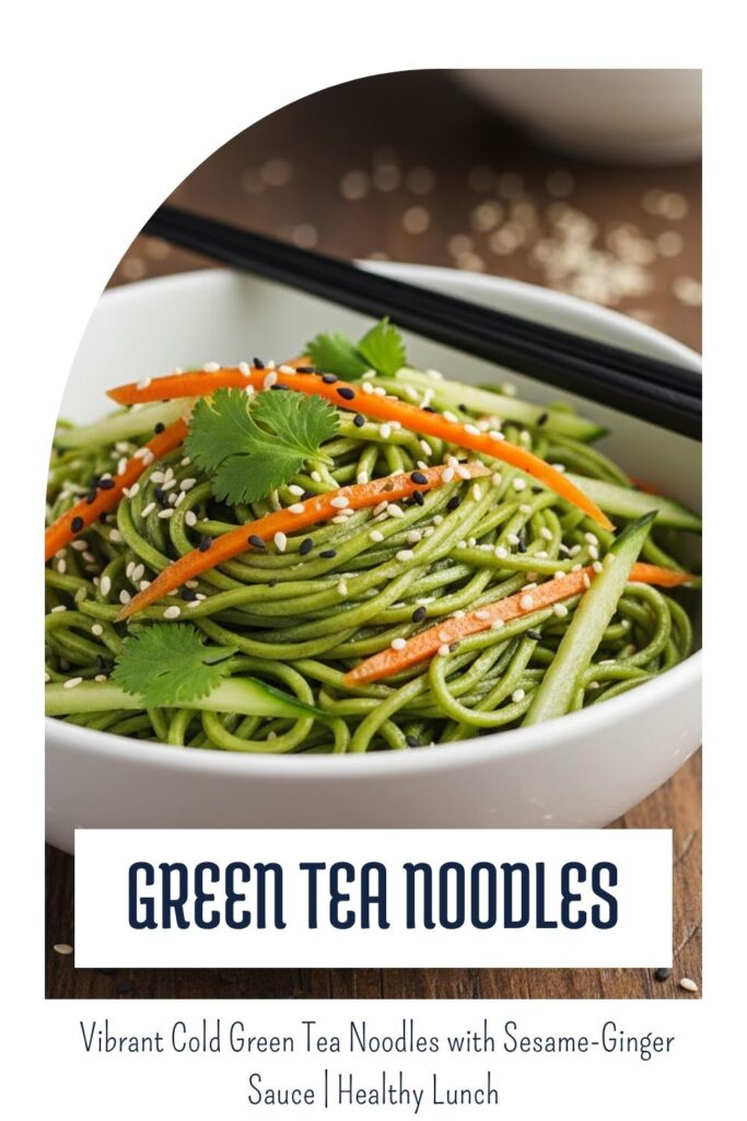 Close-up of vibrant green noodles tossed with vegetables and sauce, with bold text overlay.